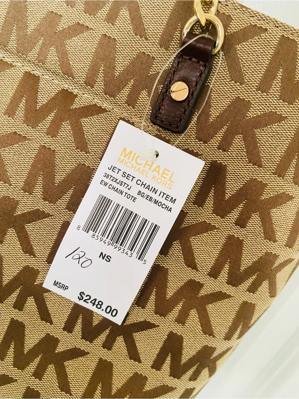 Michael Kors Tan and Brown Signature MK Tote with Gold Chain Straps